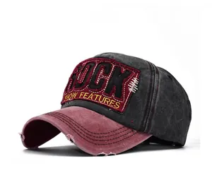 Detailed macro view of retro washed cotton patchwork baseball cap with ROCK embroidery