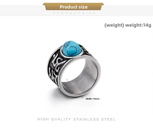 Detail of 14mm wide vintage stainless steel ring with turquoise stone and carvings