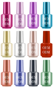 Set of 12 metallic nail polish bottles in various colors with a sleek mirror finish