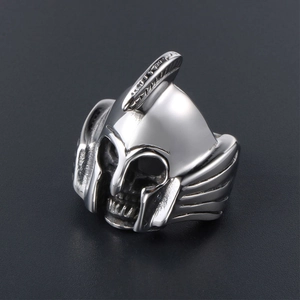 Vintage stainless steel Spartan helmet and skull ring for men with polished silver finish