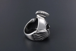 Detailed view of Spartan helmet ring in vintage steel finish with matte metal texture