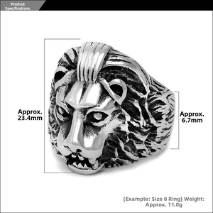 Detailed view of vintage lion head steel ring showing height 23.4mm and side width 6.7mm