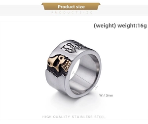 Detail of 13mm wide stainless steel skull ring showing 16g weight and True Love engraving