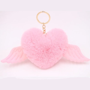 Pink plush heart keychain with wings and golden metal ring for women bags