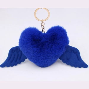 Royal blue heart plush keychain with wings and a golden metal ring for bag decoration