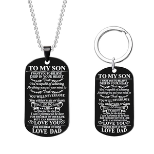 Titanium steel dog tag necklace and keychain set for son with engraved heartfelt message
