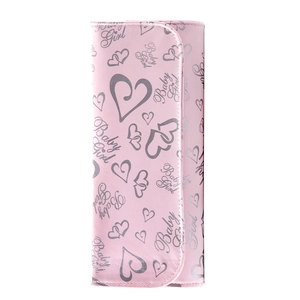 Pink PU leather makeup brush pouch with heart print and Baby Girl lettering on white background