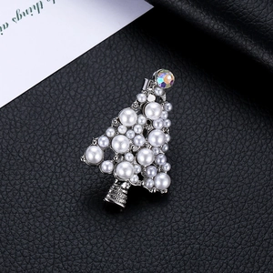 Christmas tree brooch with white pearls and AB rhinestone on silver metal base