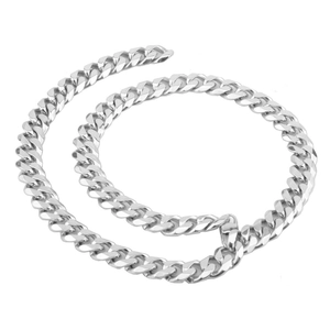 Detailed view of silver thick Cuban link chain with high-polished stainless steel finish