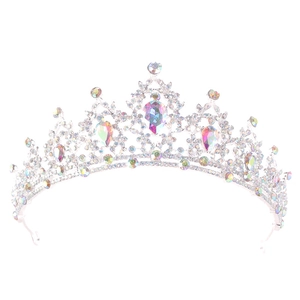 Elegant silver bridal crown adorned with sparkling colorful rhinestones on white background