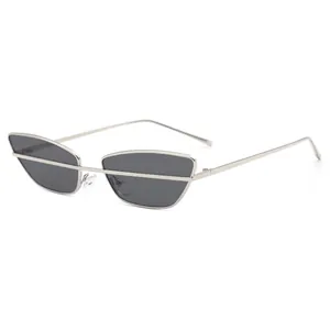 Chic silver metal cat eye sunglasses with a trendy horizontal bar and grey lenses