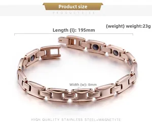 Détails du bracelet magnétique en acier rose doré avec maillons en H de 195 mm