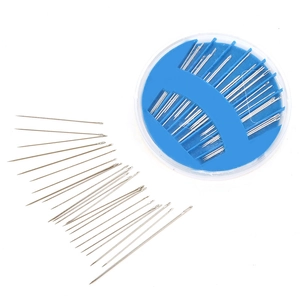 Portable sewing needle set with various steel needles in a blue round plastic case