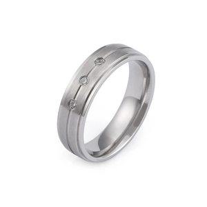 Minimalist silver frosted titanium steel couple ring with three small diamonds inlay
