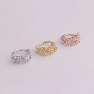 Leaf-shaped copper nose rings and ear studs with micro-inset zircons in three colors