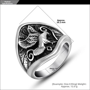 Détail de la bague bouclier phénix vintage avec dimensions 26,2 mm et 4,5 mm large