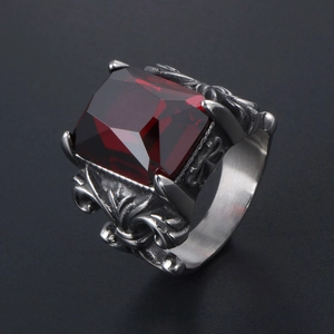 Gothic titanium steel ring with large red square gemstone and fleur-de-lis engraving