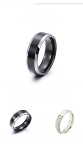 Detailed view of two-tone black and silver tungsten steel ring for men with polished edges
