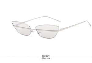 Close-up of narrow silver metal cat eye sunglasses with trendy top bar bridge design
