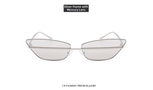 Detail view of silver frame sunglasses with silver mirror lenses and futuristic narrow design