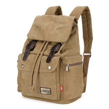 Khaki canvas backpack featuring vintage flap design and brown leather buckle straps