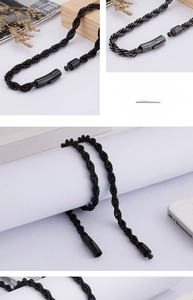 Close-up of black rope twist chain necklace with cylindrical push-in clasp closure