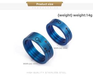 Macro view of blue titanium steel rings with gender symbols in 8mm and 6mm widths
