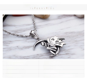 Macro view of stainless steel fairy moon pendant with detailed specification table