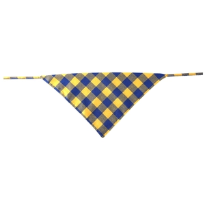 Close-up of yellow and blue plaid cotton pet bandana with tie straps on white background