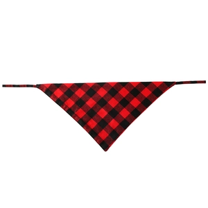 Detailed view of red and black buffalo plaid cotton dog bandana with edge stitching