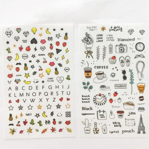 Detail of colorful watercolor travel stickers with letters and daily life illustrations
