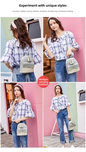 Detailed views of a mini color-block backpack worn as a shoulder, crossbody, and handbag