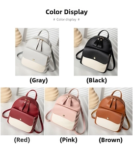 Detailed color display of mini backpacks in grey, black, red, pink and brown leather