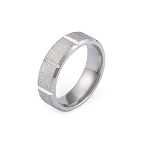 Polished silver stainless steel ring with brushed surface finish at 45-degree angle