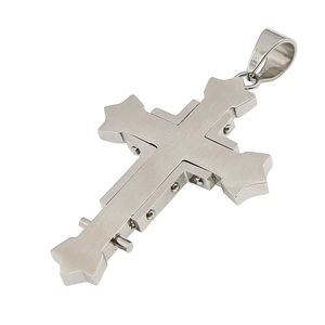 Detailed macro view of silver stainless steel cross pendant with mechanical screw accents
