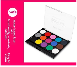 Detail view of the 15-color water-based face and body paint palette with clear flip lid