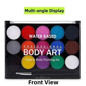 Top view of 15-color water-based face and body paint palette with professional brush