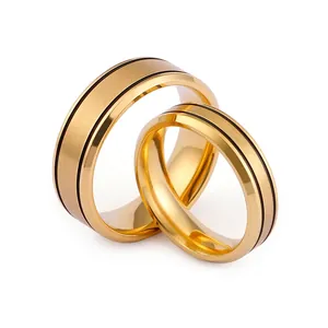 Stainless Steel Ring For Couples Gold Plated Brushed Finish Double Black Lines Simple Modern Jewelry For Men Women