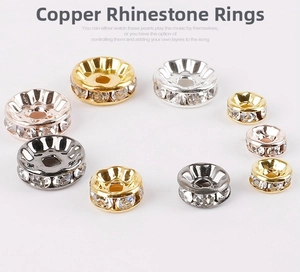 Detailed close-up of multi-color copper spacer beads with embedded sparkling rhinestones