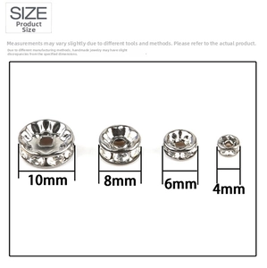 Size comparison of 4mm to 10mm flat spacer beads with white crystals for jewelry DIY