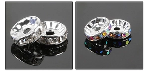 Detailed macro view of silver-plated copper spacer beads with white and AB rhinestones