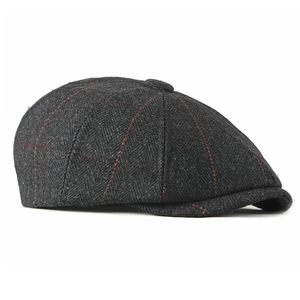 Béret rétro en laine gris anthracite à motif chevrons et carreaux rouges pour homme