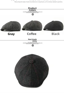Détails des casquettes gavroche en laine à chevrons en gris, marron et noir