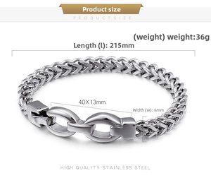 Men's keel chain bracelet in stainless steel showing size 215mm and 6mm width details