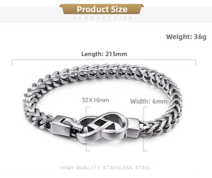 Silver stainless steel dragon bone chain bracelet with infinity clasp detail and specs