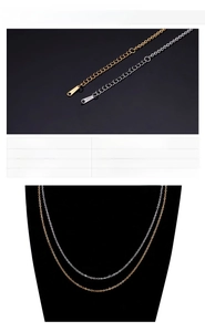 Detail view of steel necklace chain featuring an S-STEEL tag and black neck model display