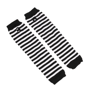 Detail of long knit arm warmers with black and white horizontal stripes and thumb holes