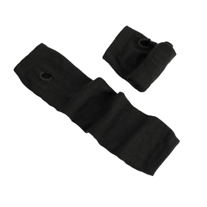 Detailed view of black ribbed knitted arm sleeves featuring functional thumb hole design