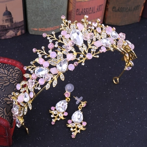 Baroque Bridal Tiara And Earrings Alloy Rhinestone Crystal Floral Crown Jewelry For Wedding Birthday Vintage Woman