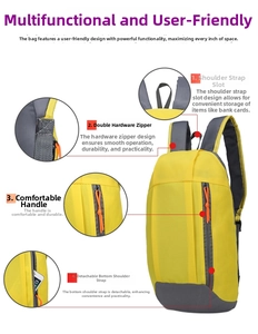 Detail view of yellow and grey backpack featuring shoulder strap card slots and dual zippers